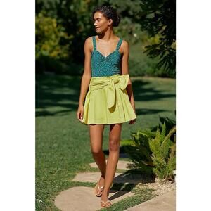 Anthropologie Maeve Bow Tie Lime/Neon Yellow Pleated Mini Skirt Size XS